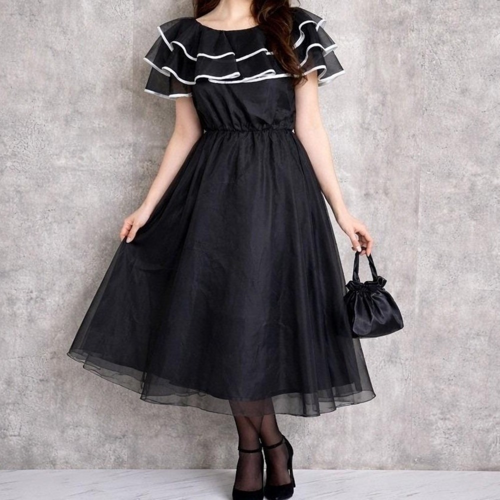 Vintage‎ 80s Joy Stevens Black Organza Ruffle Dress White Trim Midi 10 Cocktail